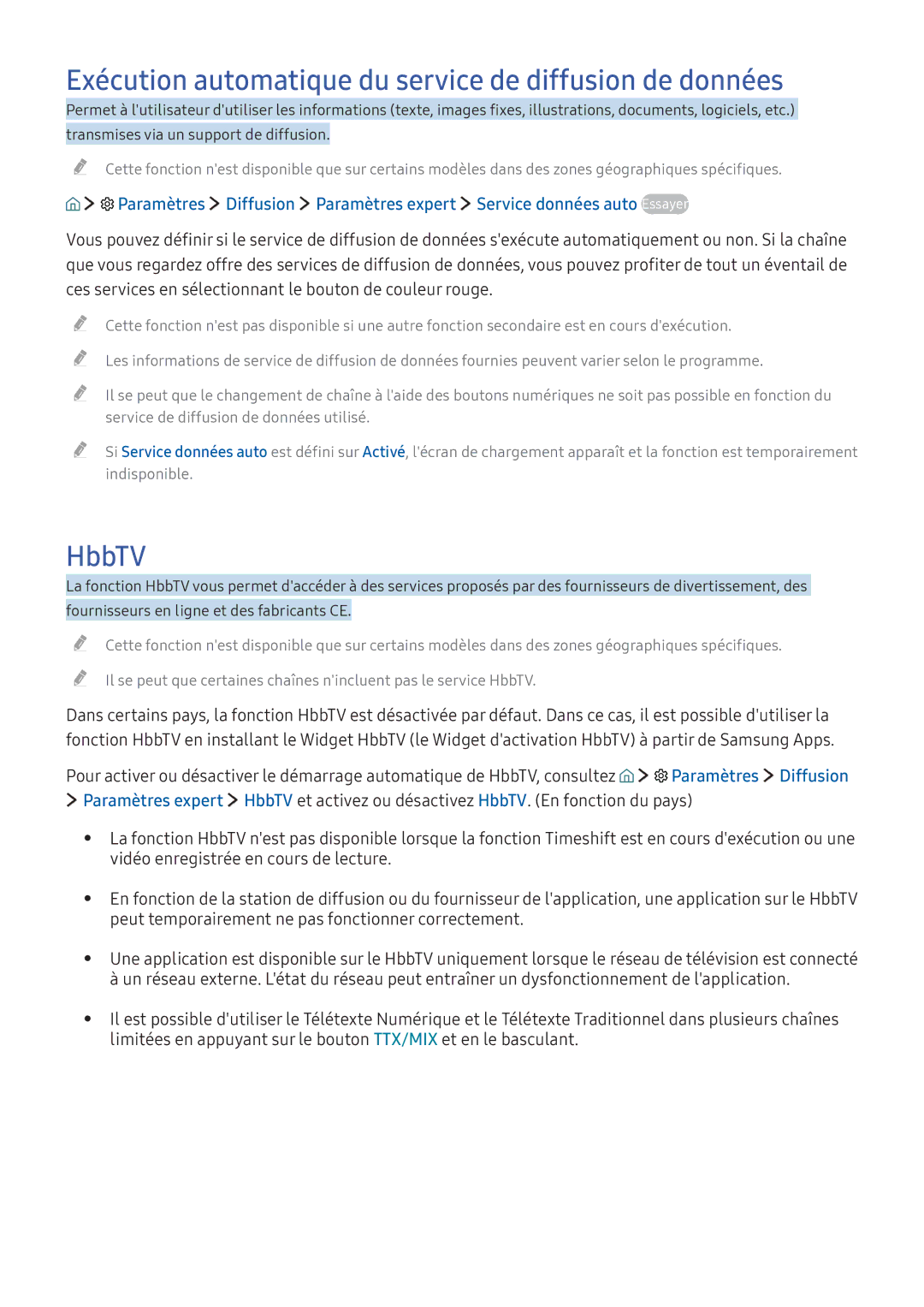 Samsung UE60KU6000KXZF manual Exécution automatique du service de diffusion de données, HbbTV, Paramètres Diffusion 