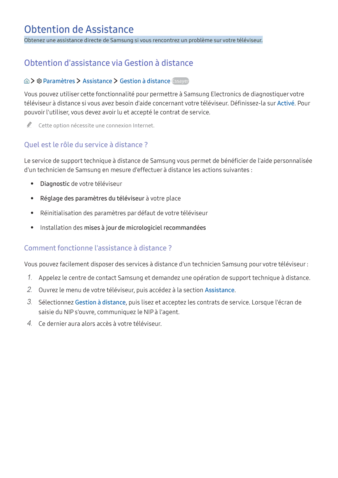 Samsung UE55KU6000KXZF, UE70KU6000KXZF manual Obtention de Assistance, Obtention dassistance via Gestion à distance 