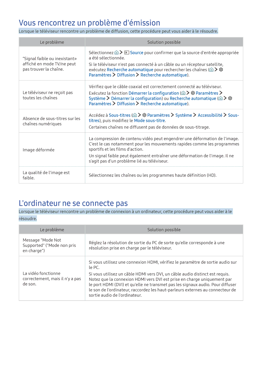 Samsung UE49KS7500UXZF, UE70KU6000KXZF manual Vous rencontrez un problème démission, Lordinateur ne se connecte pas 