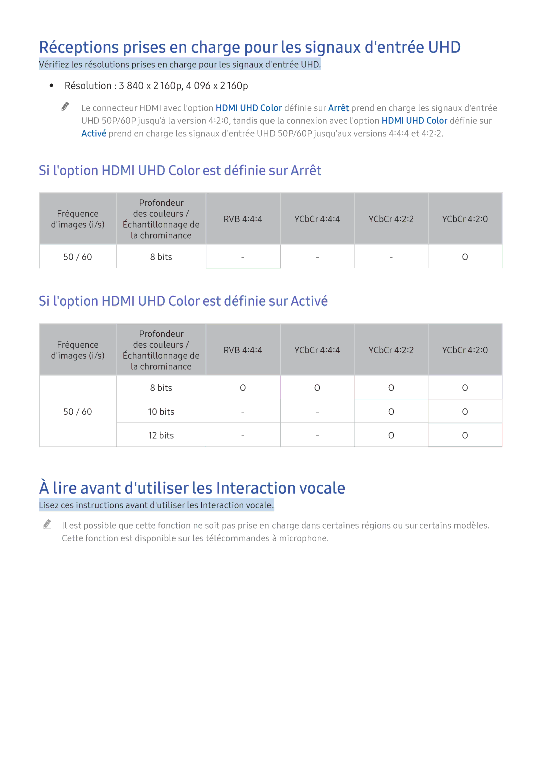 Samsung UE55KS7000UXZF Réceptions prises en charge pour les signaux dentrée UHD, Résolution 3 840 x 2 160p, 4 096 x 2 160p 