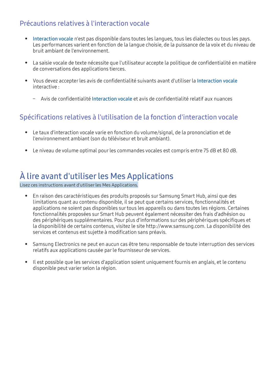 Samsung UE49KS7000UXZF manual Lire avant dutiliser les Mes Applications, Précautions relatives à linteraction vocale 