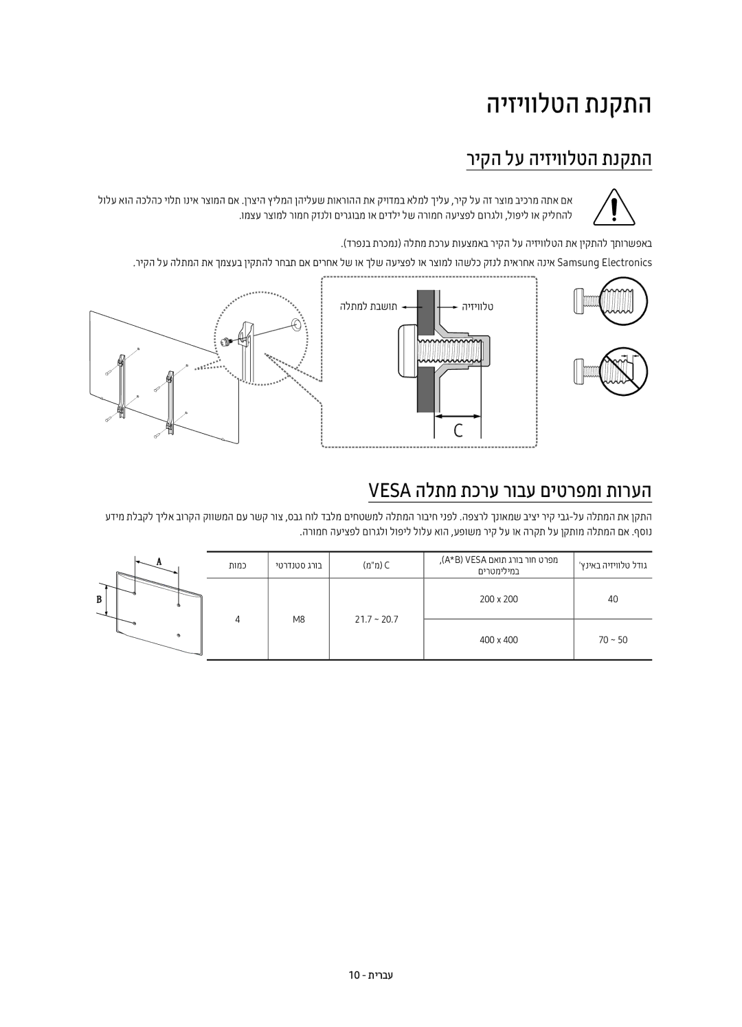 Samsung UE70KU7000UXSQ manual ריקה לע היזיוולטה תנקתה, Vesa הלתמ תכרע רובע םיטרפמו תורעה, 10 תירבע 