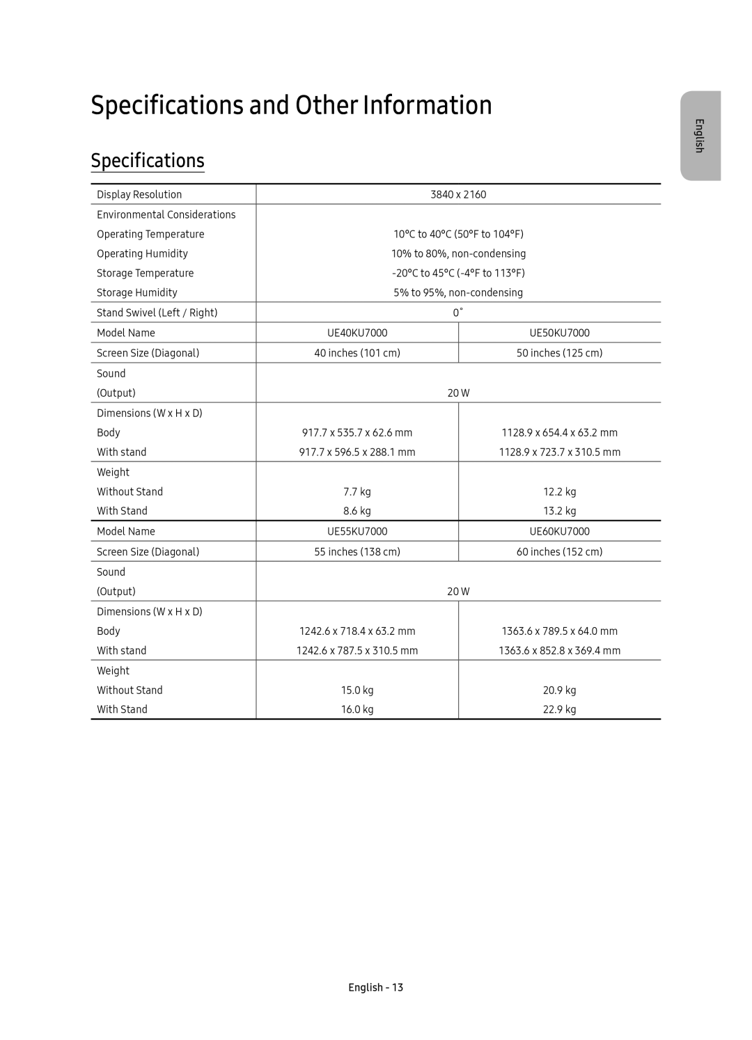 Samsung UE70KU7000UXSQ manual Specifications and Other Information 