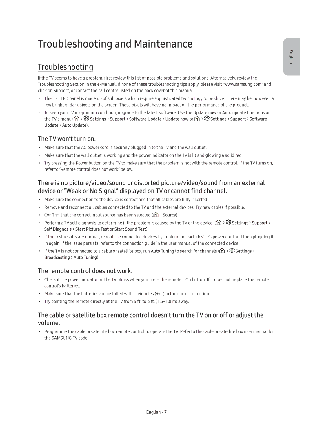 Samsung UE70KU7000UXSQ manual Troubleshooting and Maintenance, TV won’t turn on, Remote control does not work 