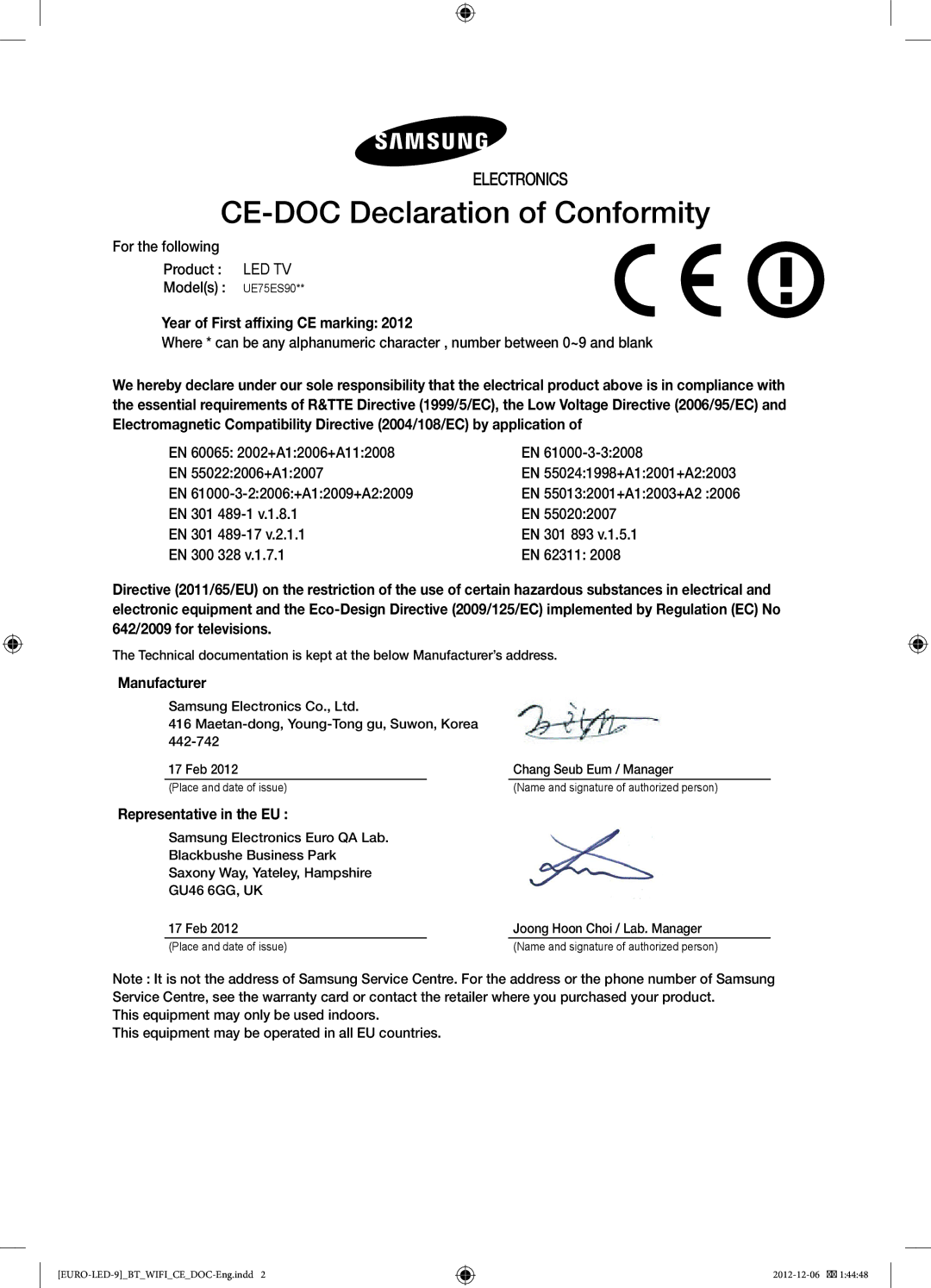 Samsung UE75ES9000SXZF manual CE-DOC Declaration of Conformity, Year of First affixing CE marking, Manufacturer 