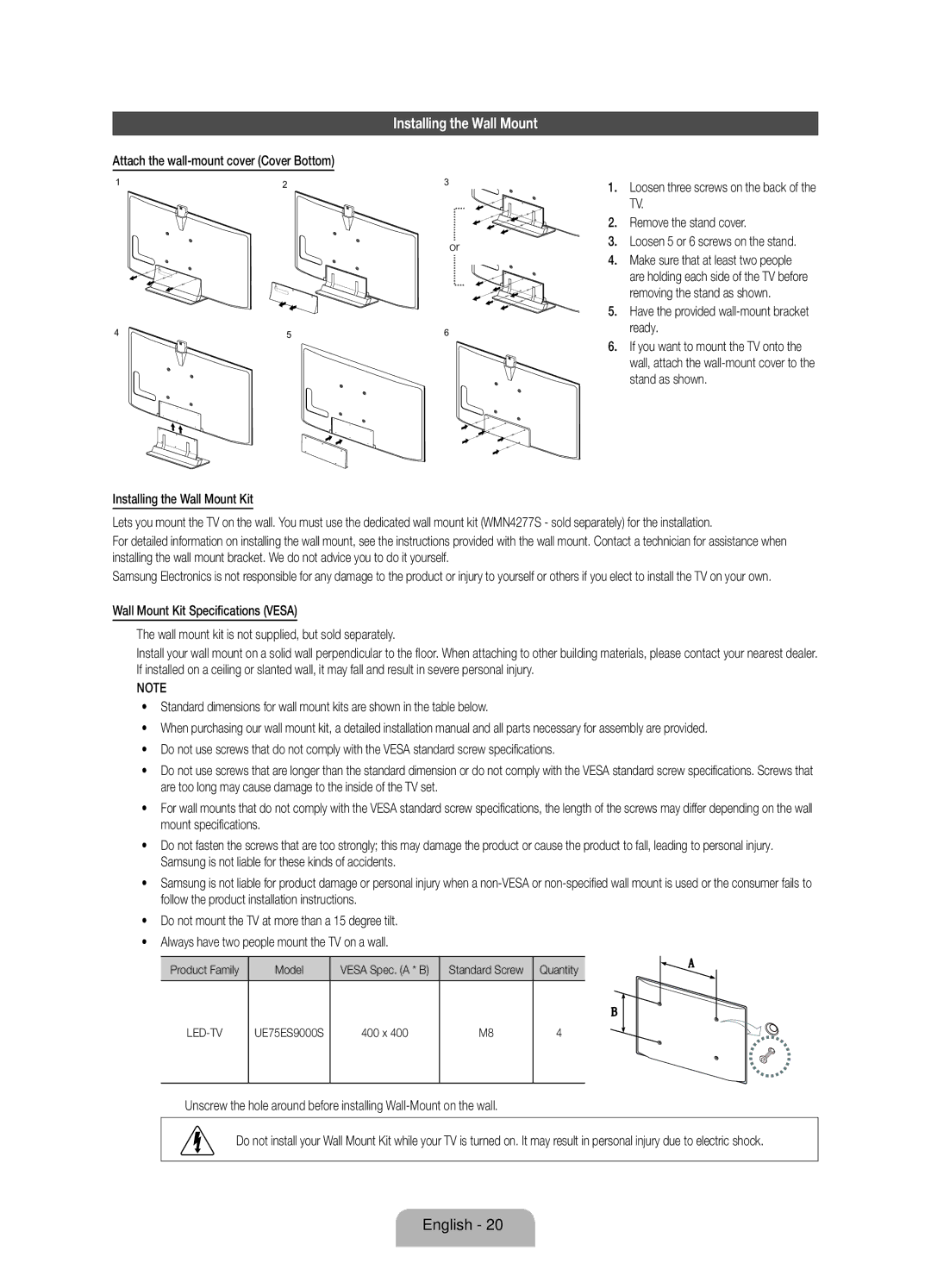 Samsung UE75ES9000SXZF manual Installing the Wall Mount, Have the provided wall-mount bracket ready, UE75ES9000S 400 x 