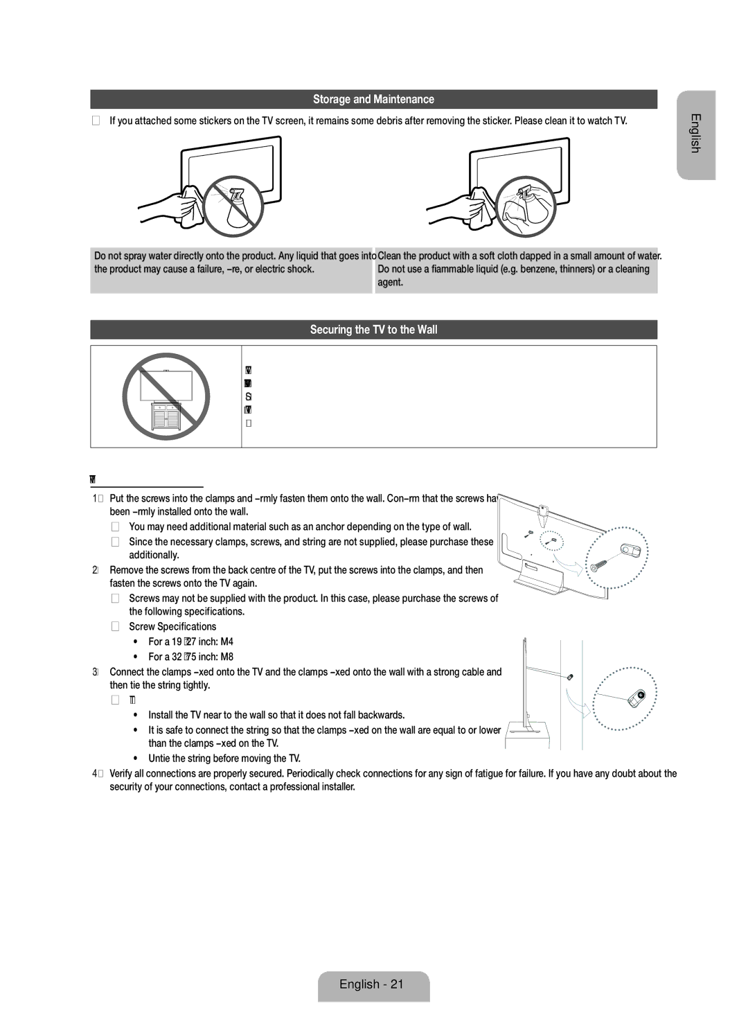 Samsung UE75ES9000SXZF manual Storage and Maintenance, Securing the TV to the Wall 