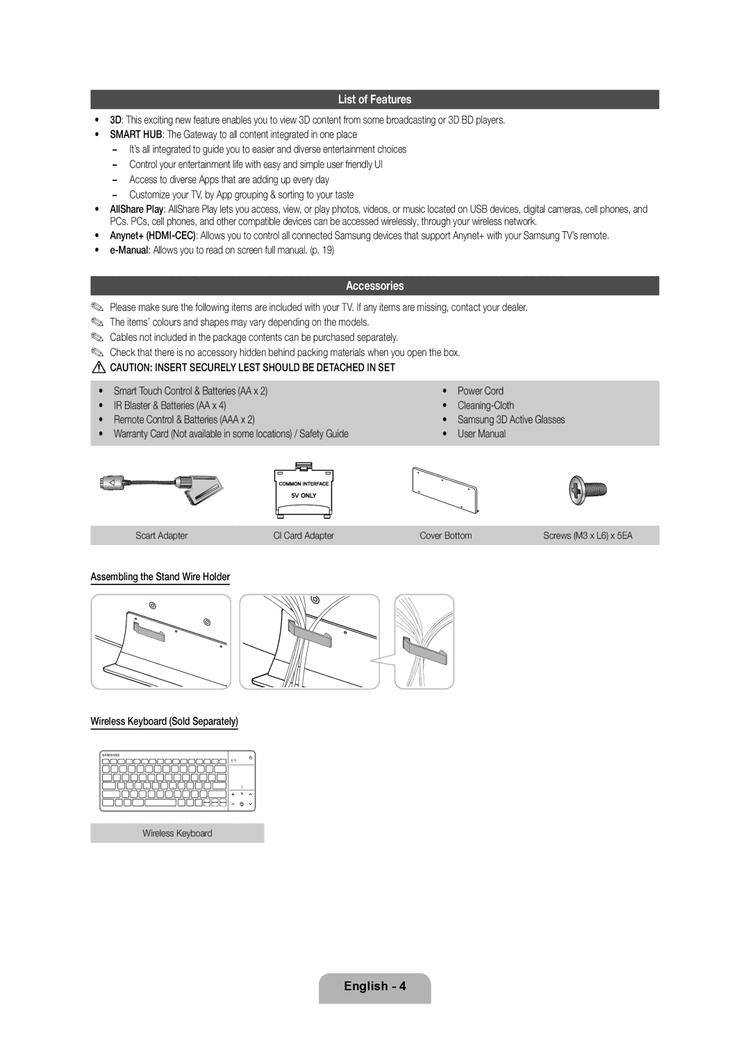 Samsung UE75ES9000SXZF List of Features, Accessories, Manual Allows you to read on screen full manual. p 