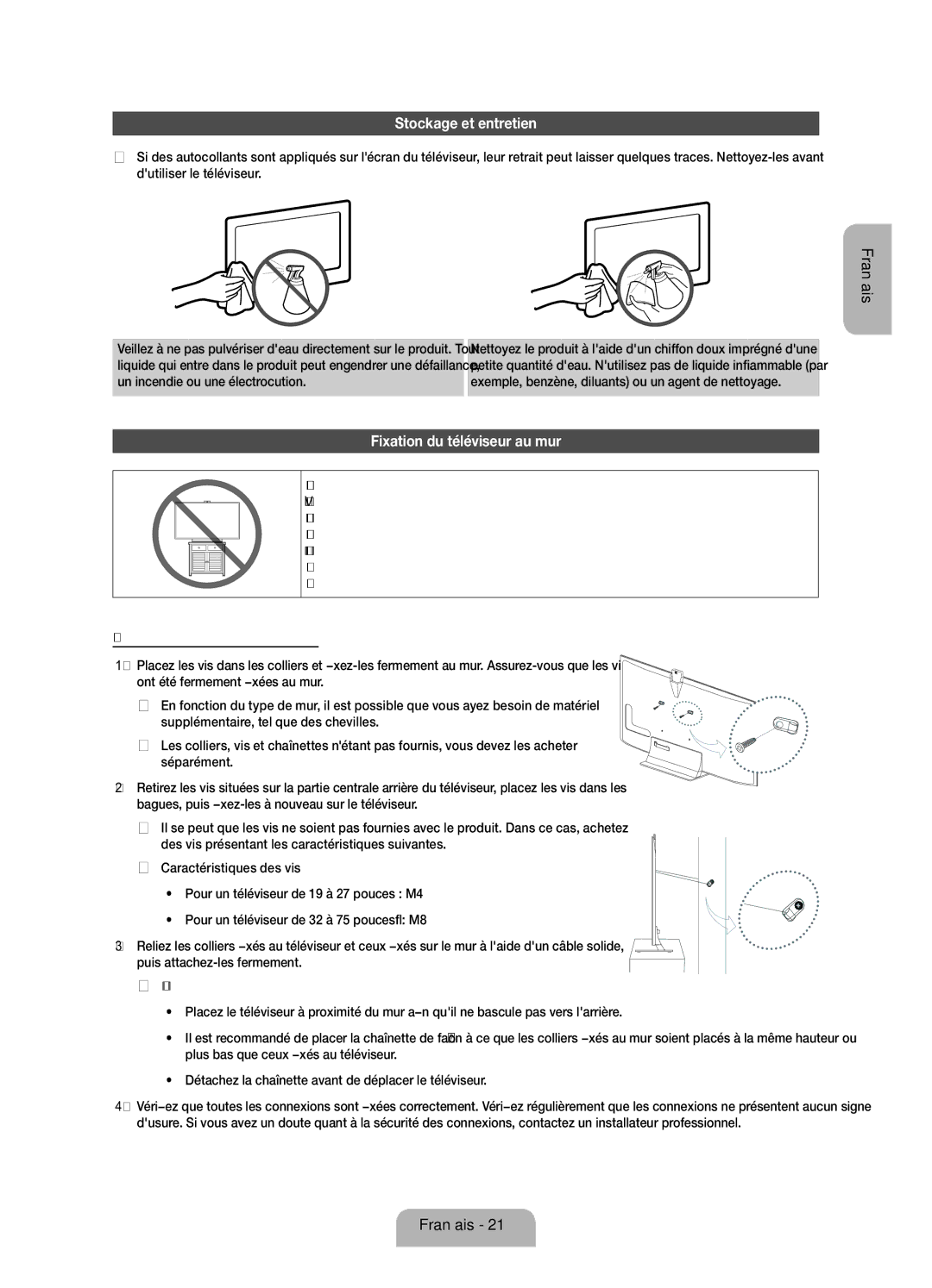 Samsung UE75ES9000SXZF manual Stockage et entretien, Fixation du téléviseur au mur, Plus bas que ceux fixés au téléviseur 