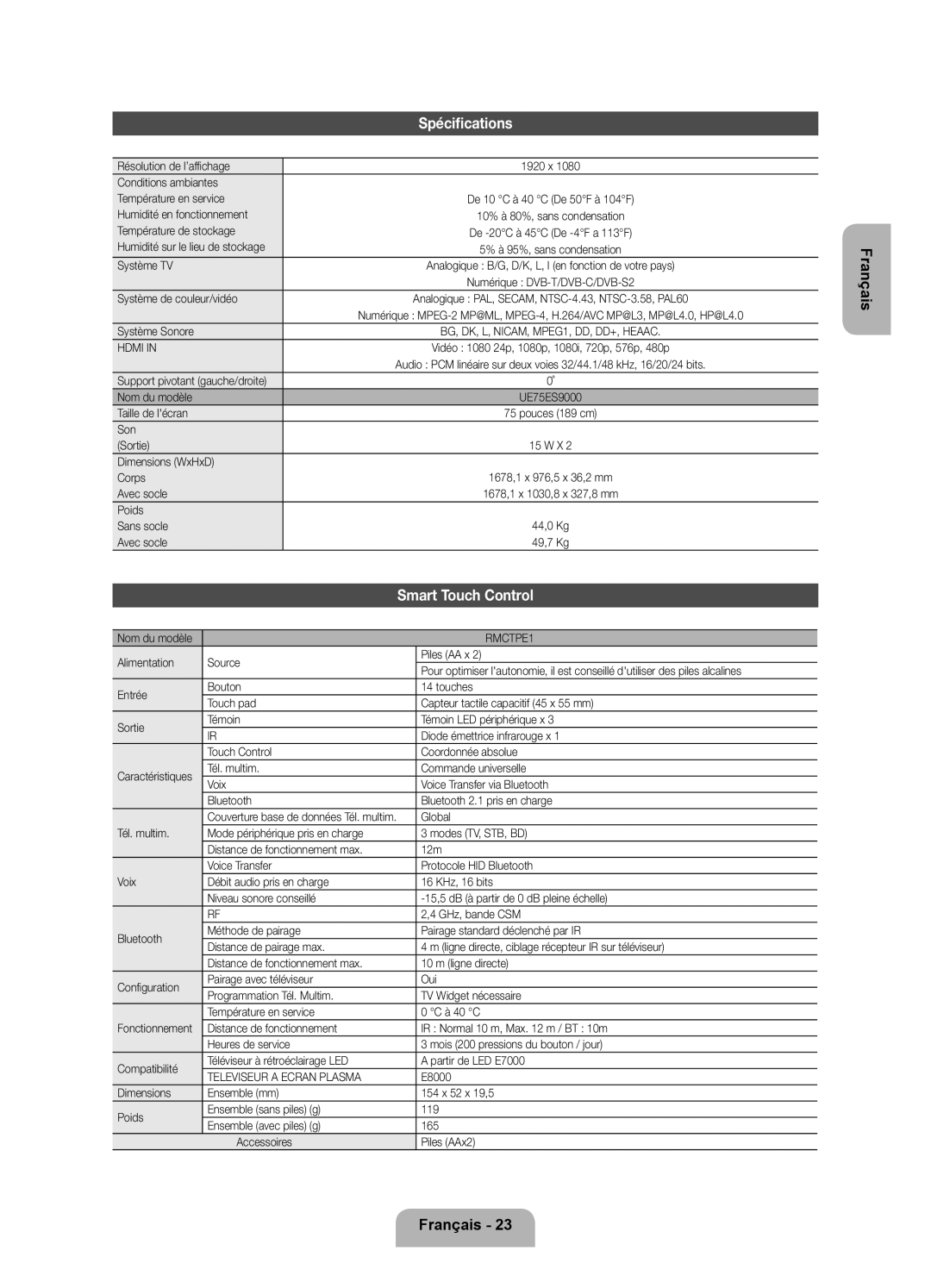 Samsung UE75ES9000SXZF manual Spécifications 