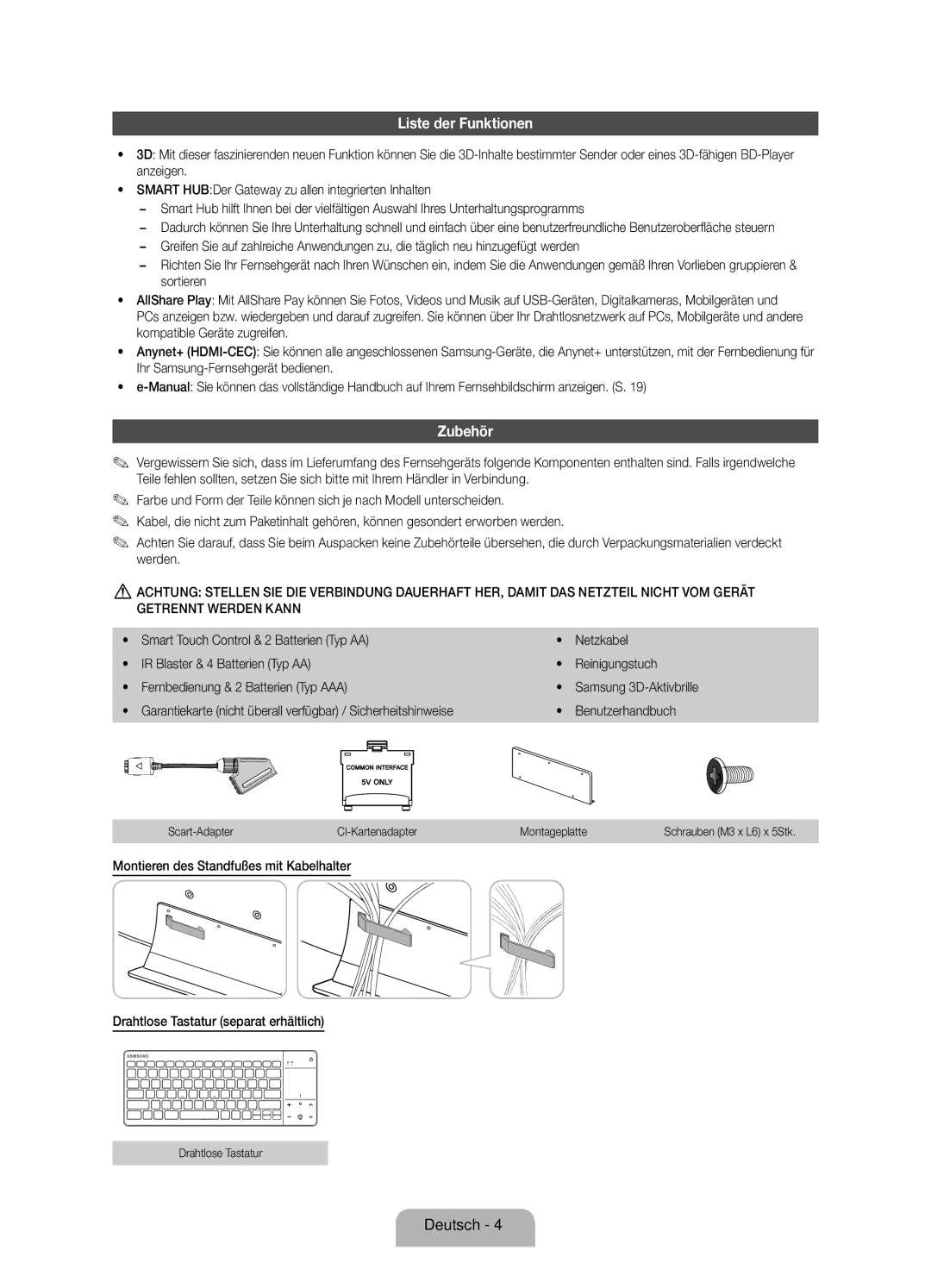 Samsung UE75ES9000SXZF Liste der Funktionen, Zubehör, Scart-Adapter CI-Kartenadapter Montageplatte, Drahtlose Tastatur 