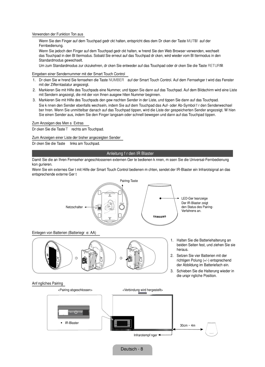 Samsung UE75ES9000SXZF manual Anleitung für den IR Blaster, Einlegen von Batterien Batteriegröße AA 