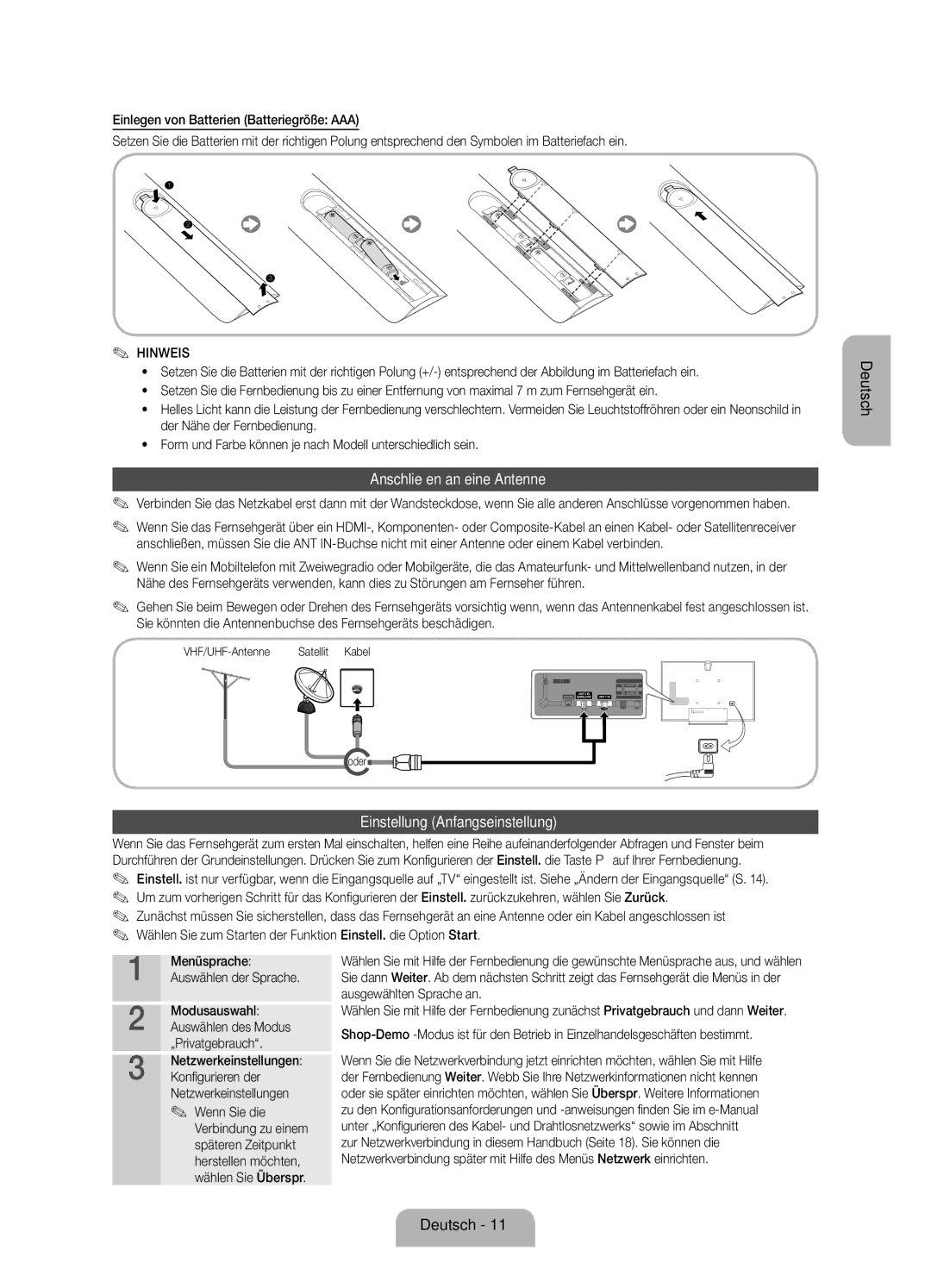 Samsung UE75ES9000SXZF Anschließen an eine Antenne, Einstellung Anfangseinstellung, Menüsprache Auswählen der Sprache 