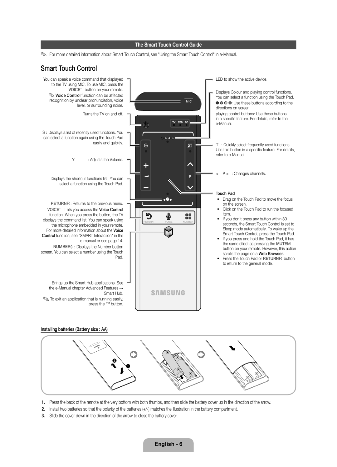 Samsung UE75ES9000SXZF Smart Touch Control Guide, Installing batteries Battery size AA, LED to show the active device 