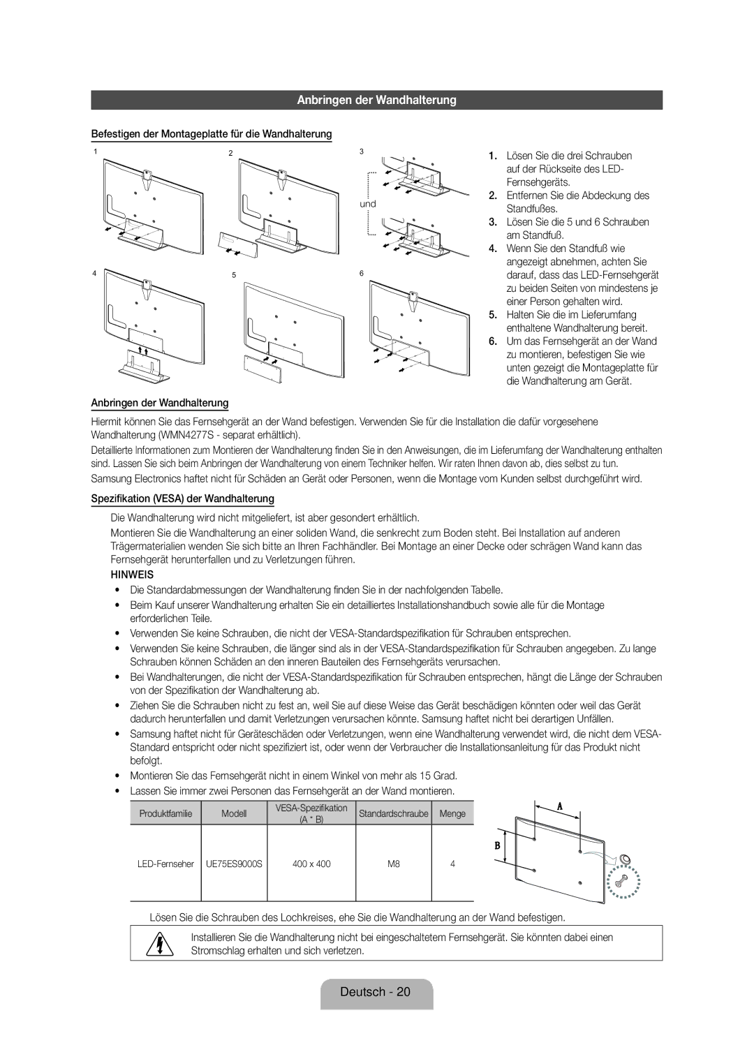 Samsung UE75ES9000SXZF manual Anbringen der Wandhalterung 