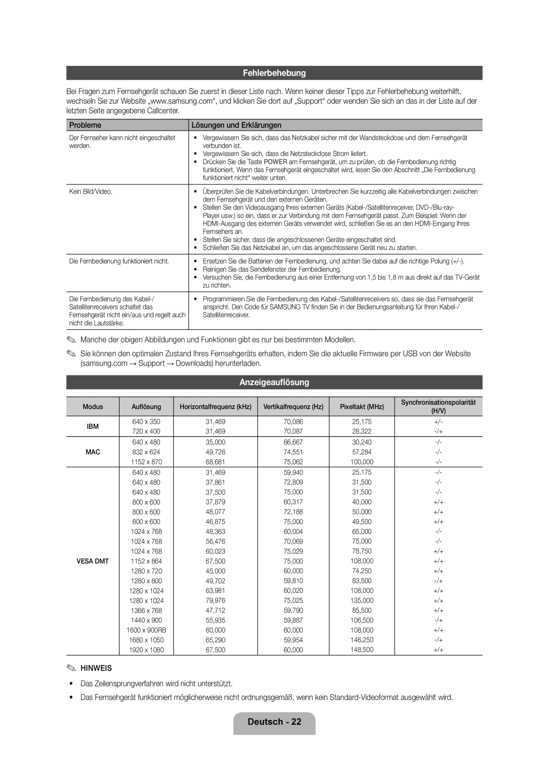 Samsung UE75ES9000SXZF manual Fehlerbehebung, Anzeigeauflösung, Probleme Lösungen und Erklärungen 