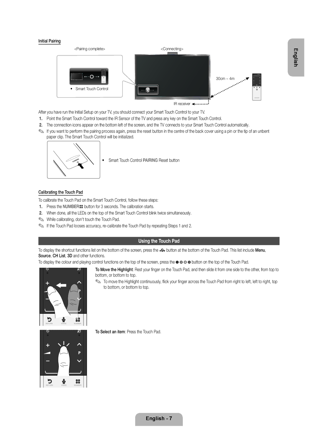 Samsung UE75ES9000SXZF Using the Touch Pad, Initial Pairing, Pairing complete, 30cm ~ 4m Smart Touch Control IR receiver 