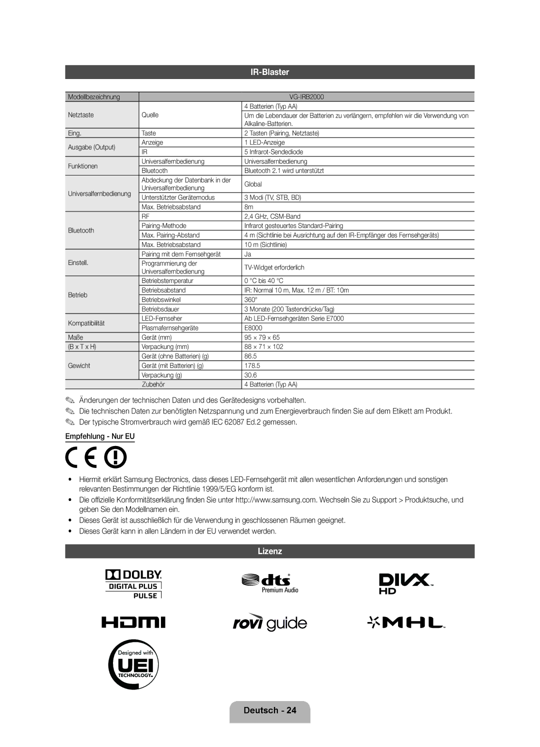 Samsung UE75ES9000SXZF manual IR-Blaster, Lizenz 