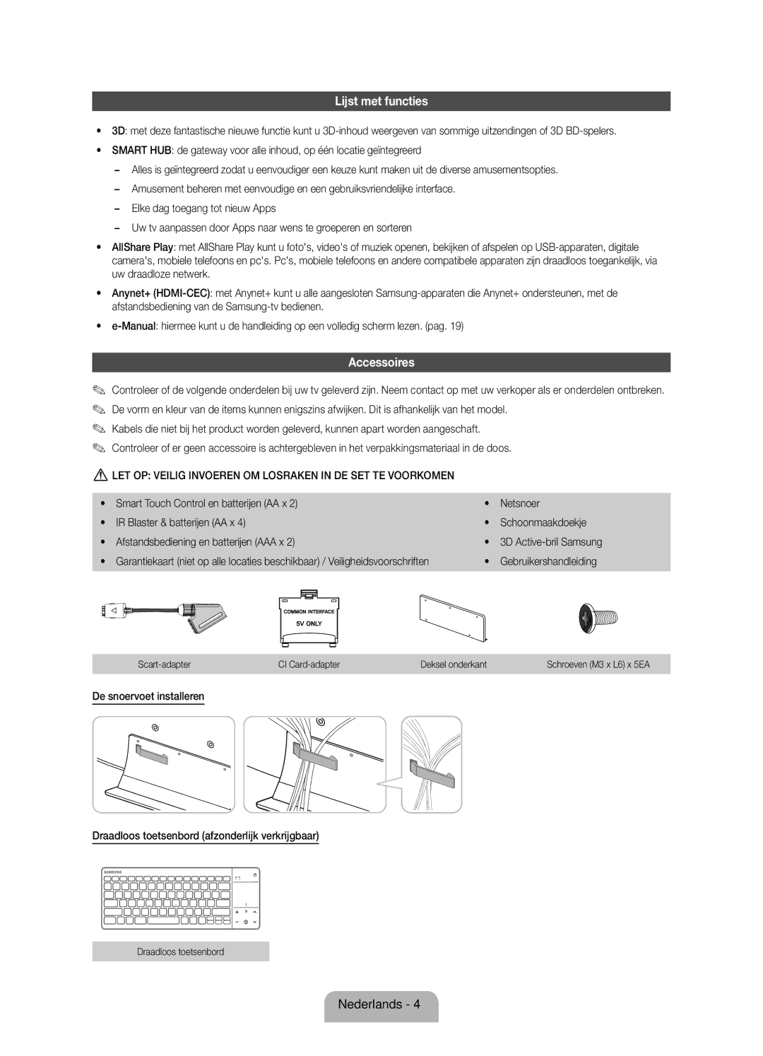 Samsung UE75ES9000SXZF manual Lijst met functies, Gebruikershandleiding, Scart-adapter CI Card-adapter Deksel onderkant 