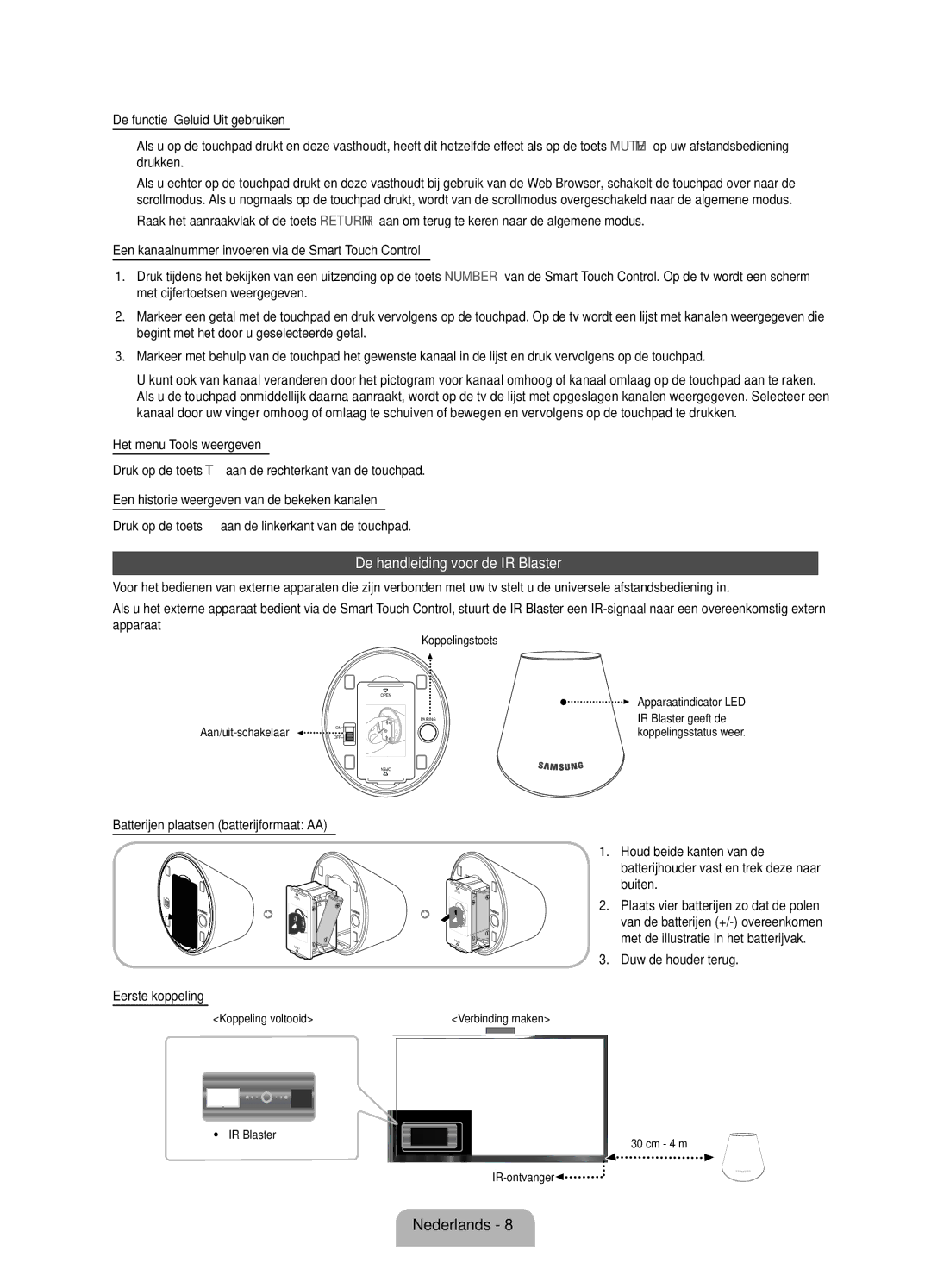 Samsung UE75ES9000SXZF De handleiding voor de IR Blaster, Batterijen plaatsen batterijformaat AA, Duw de houder terug 