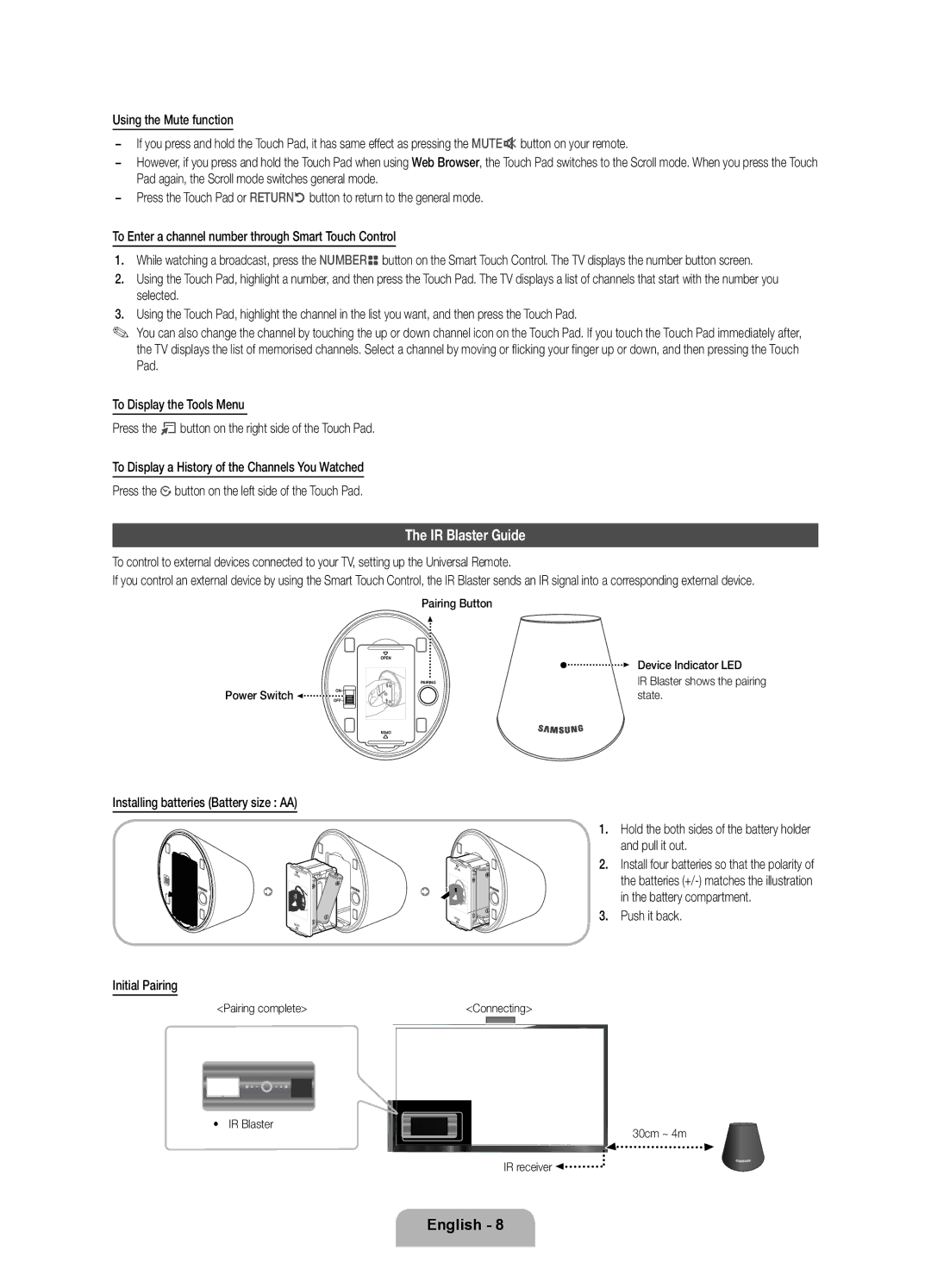 Samsung UE75ES9000SXZF manual IR Blaster Guide, Hold the both sides of the battery holder and pull it out, Push it back 