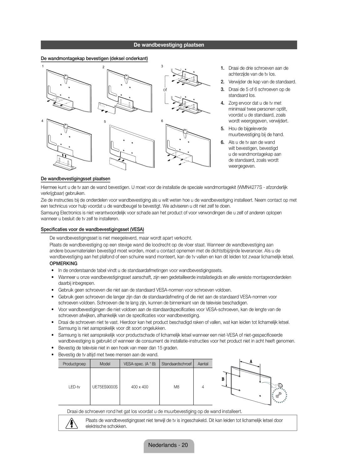 Samsung UE75ES9000SXZF manual De wandbevestiging plaatsen 