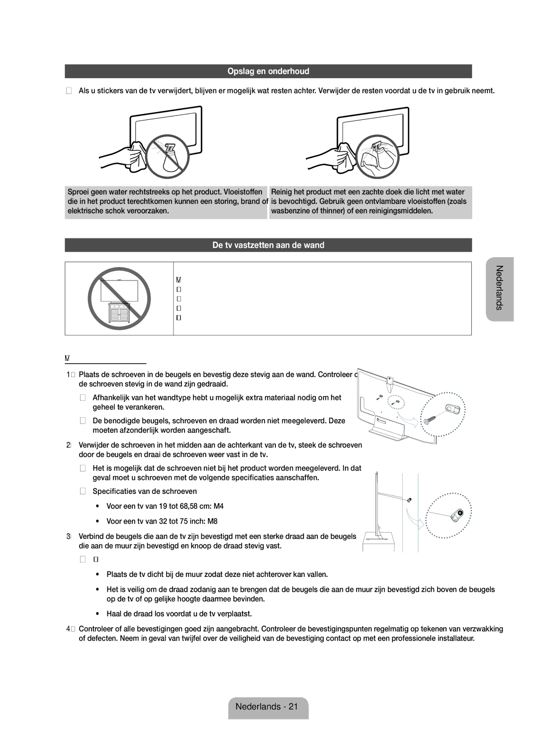 Samsung UE75ES9000SXZF manual Opslag en onderhoud, De tv vastzetten aan de wand 