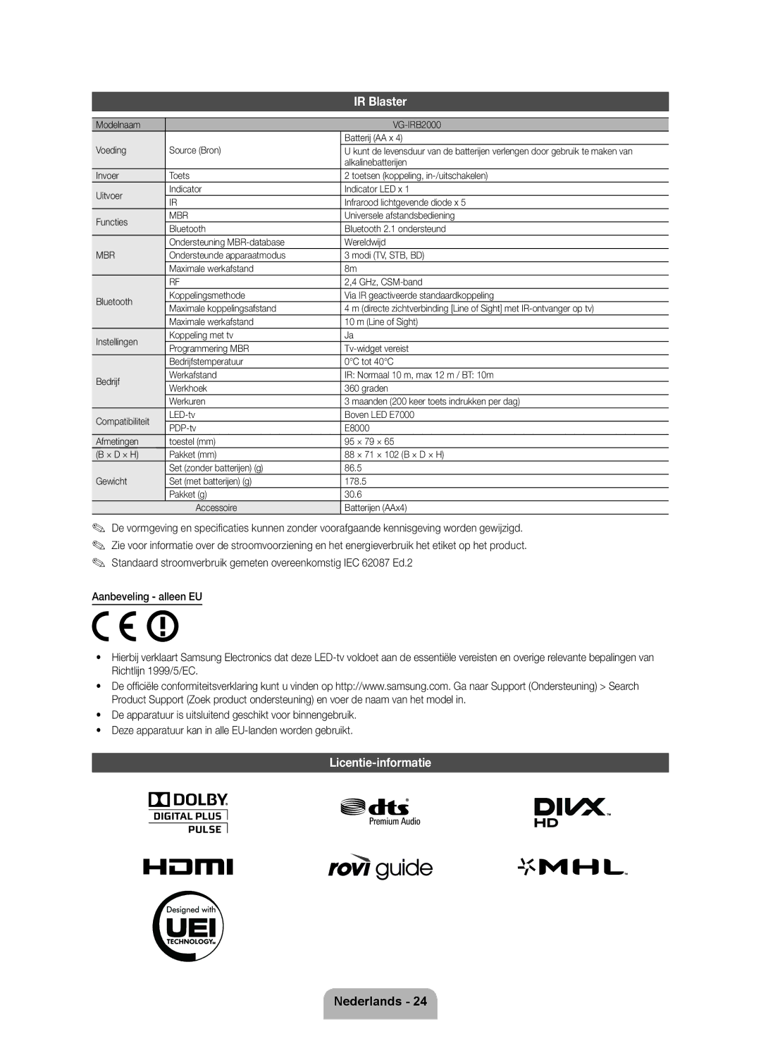 Samsung UE75ES9000SXZF manual Licentie-informatie, Modelnaam VG-IRB2000 Batterij AA x Voeding Source Bron 