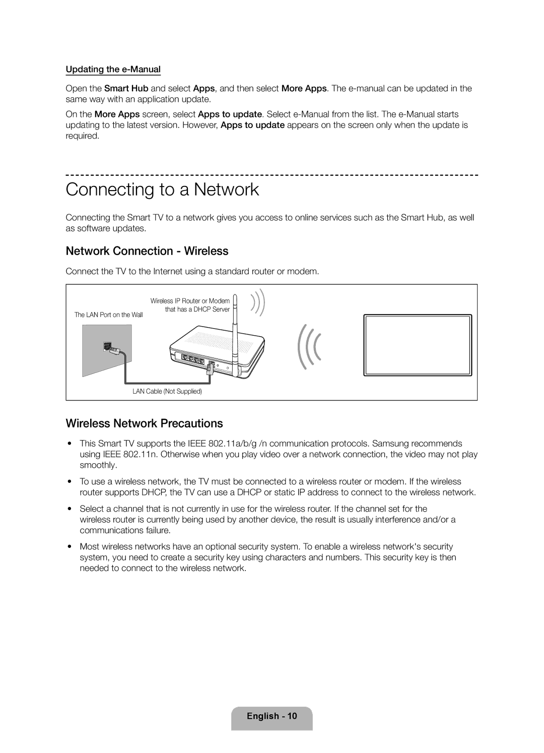 Samsung UE75F6300AKXRU manual Connecting to a Network, Network Connection Wireless, Wireless Network Precautions 