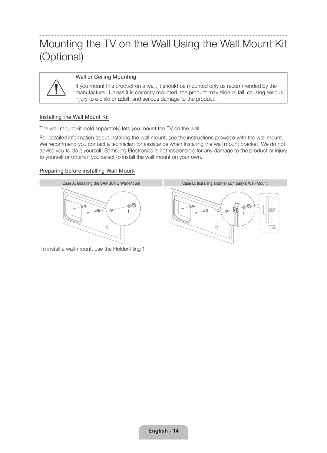 Samsung UE75F6300AKXRU manual To install a wall-mount, use the Holder-Ring 