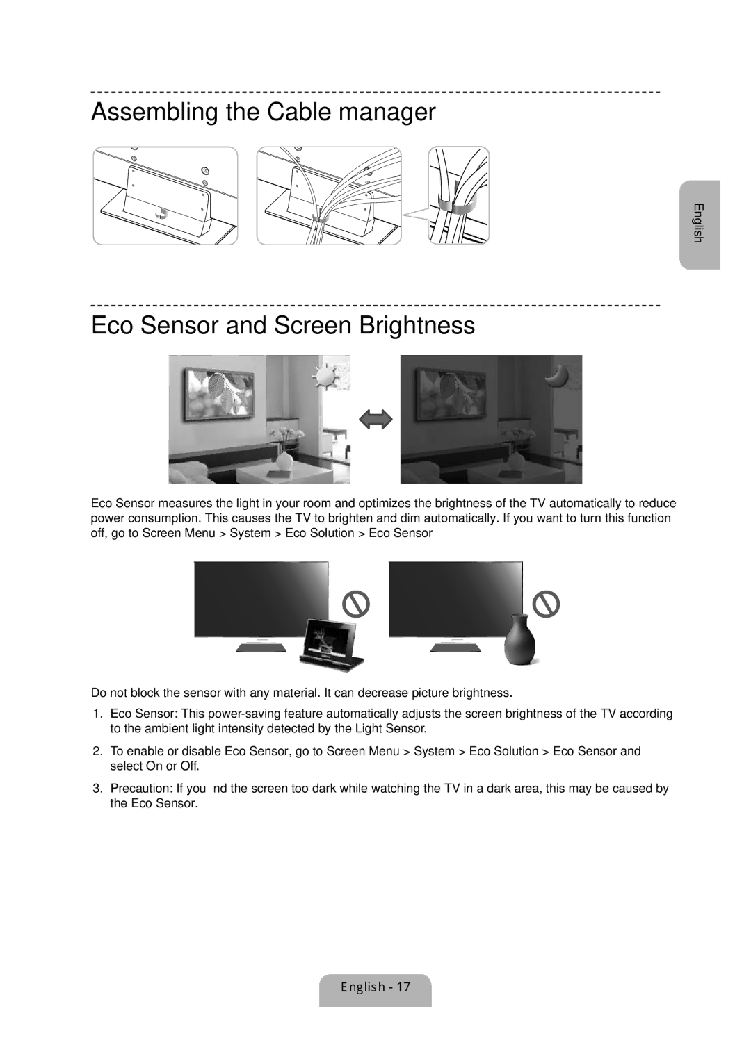 Samsung UE75F6300AKXRU manual Assembling the Cable manager, Eco Sensor and Screen Brightness 