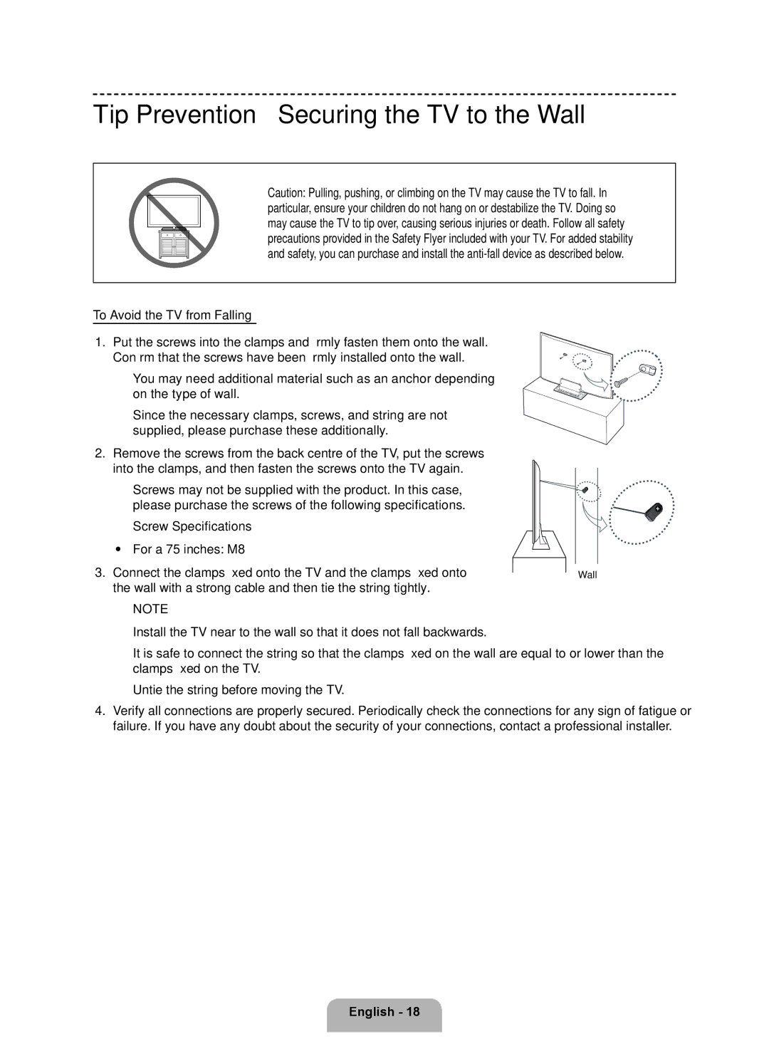 Samsung UE75F6300AKXRU manual Tip Prevention Securing the TV to the Wall 