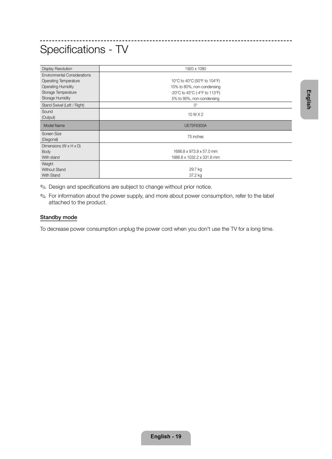 Samsung UE75F6300AKXRU manual Specifications 