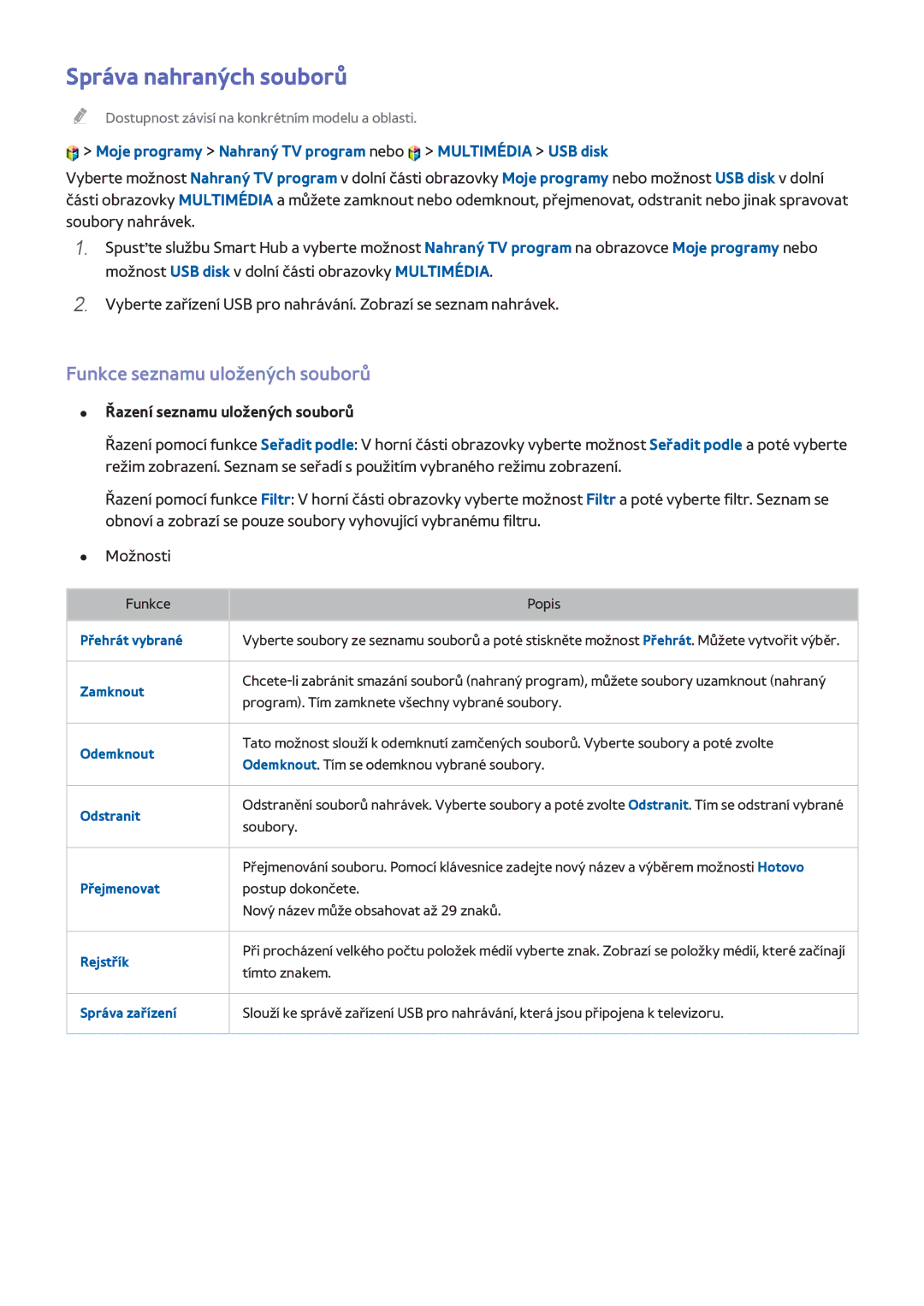 Samsung UE22H5610AWXXN manual Správa nahraných souborů, Funkce seznamu uložených souborů, Řazení seznamu uložených souborů 