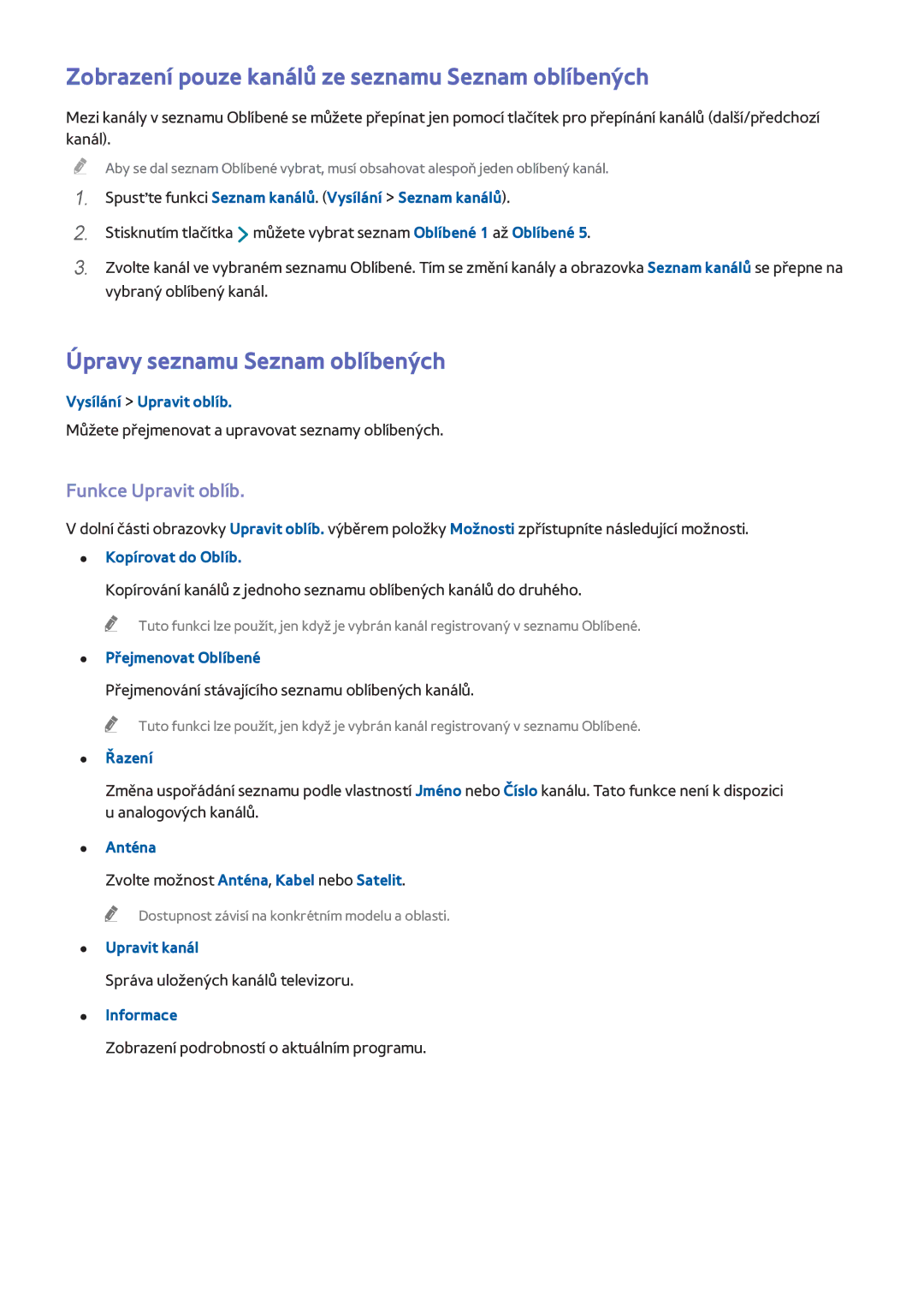 Samsung UE48H6410SDXZT manual Zobrazení pouze kanálů ze seznamu Seznam oblíbených, Úpravy seznamu Seznam oblíbených 