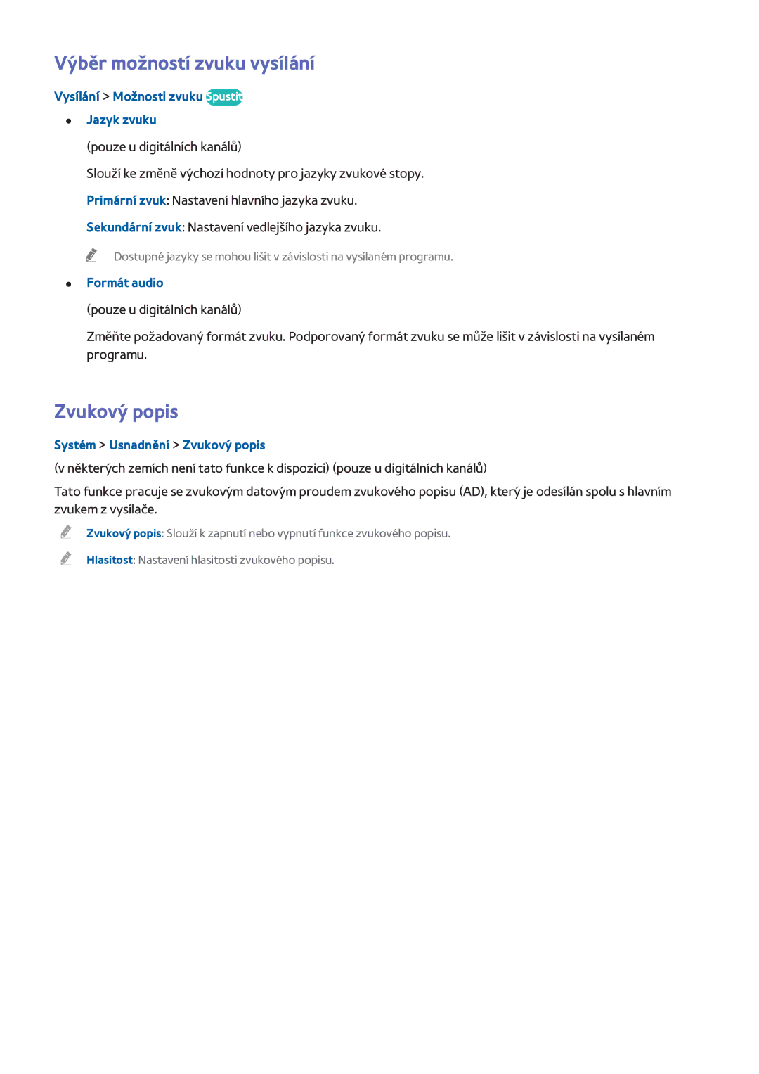 Samsung UE40H6200AWXXN manual Výběr možností zvuku vysílání, Zvukový popis, Vysílání Možnosti zvuku Spustit Jazyk zvuku 