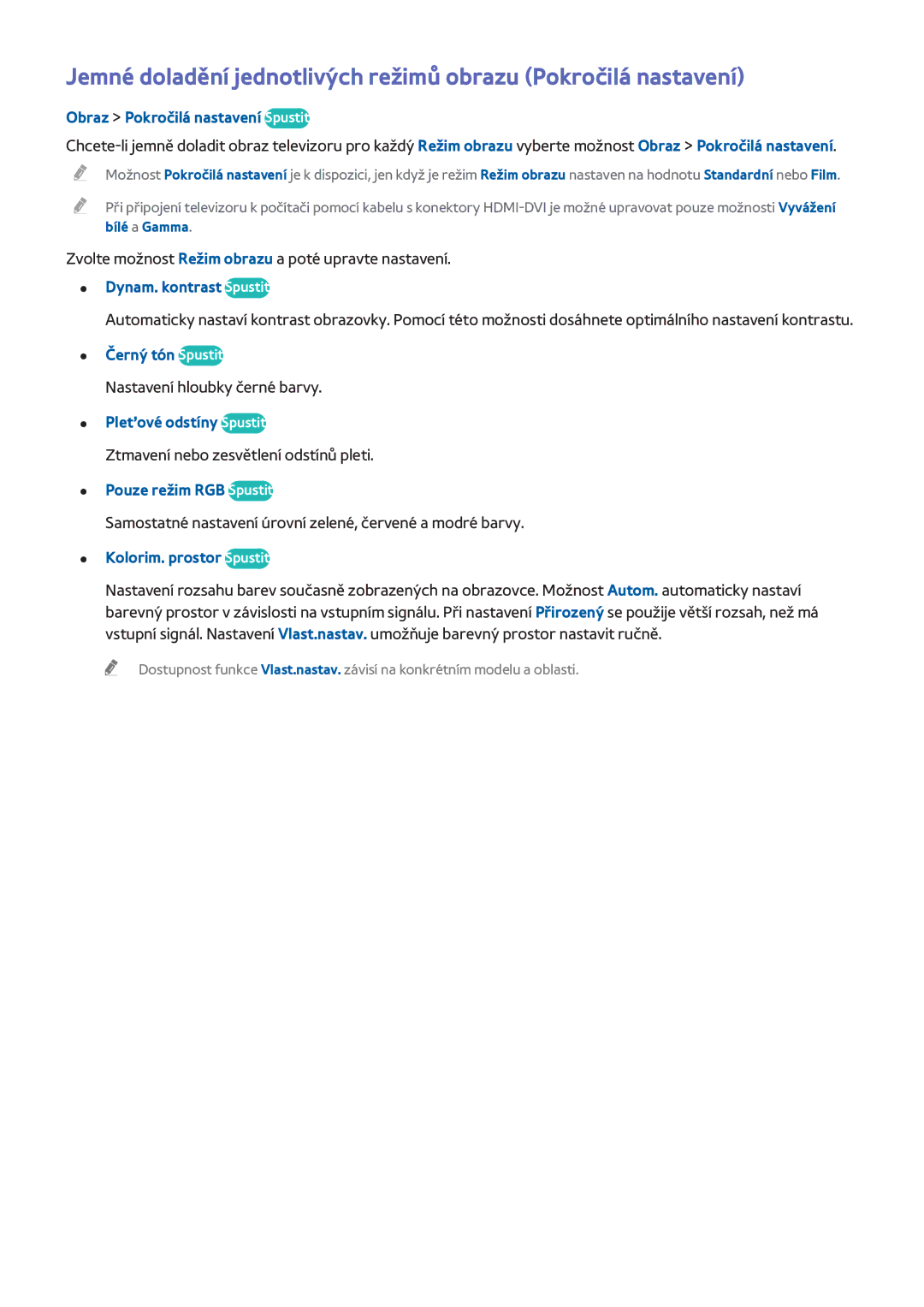 Samsung UE40H6640SZXZT, UE75H6470SSXZG manual Obraz Pokročilá nastavení Spustit, Dynam. kontrast Spustit, Černý tón Spustit 