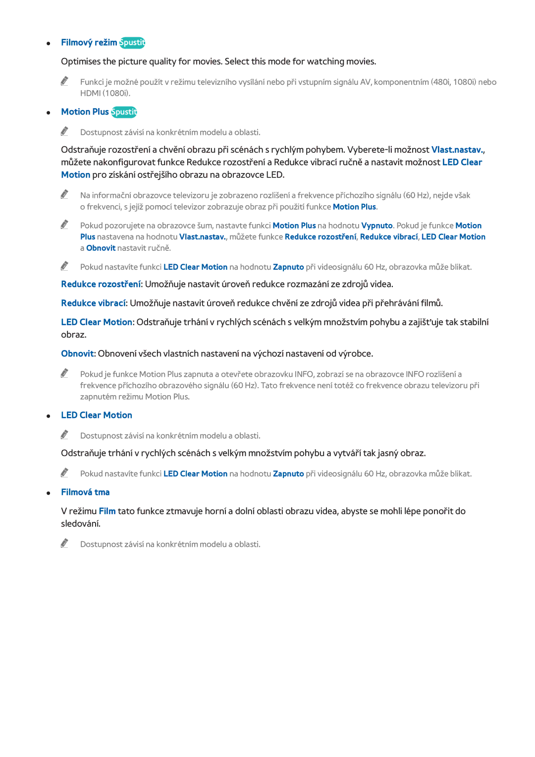 Samsung UE50H6400AKXXH, UE75H6470SSXZG manual Filmový režim Spustit, Motion Plus Spustit, LED Clear Motion, Filmová tma 