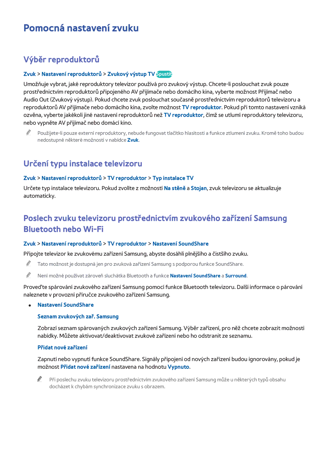 Samsung UE40H6240AWXXC, UE75H6470SSXZG manual Pomocná nastavení zvuku, Výběr reproduktorů, Určení typu instalace televizoru 