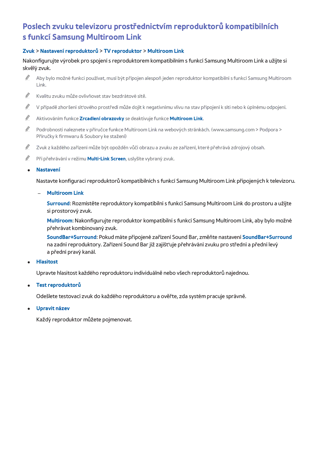 Samsung UE40H5570SSXXH manual Zvuk Nastavení reproduktorů TV reproduktor Multiroom Link, Hlasitost, Test reproduktorů 
