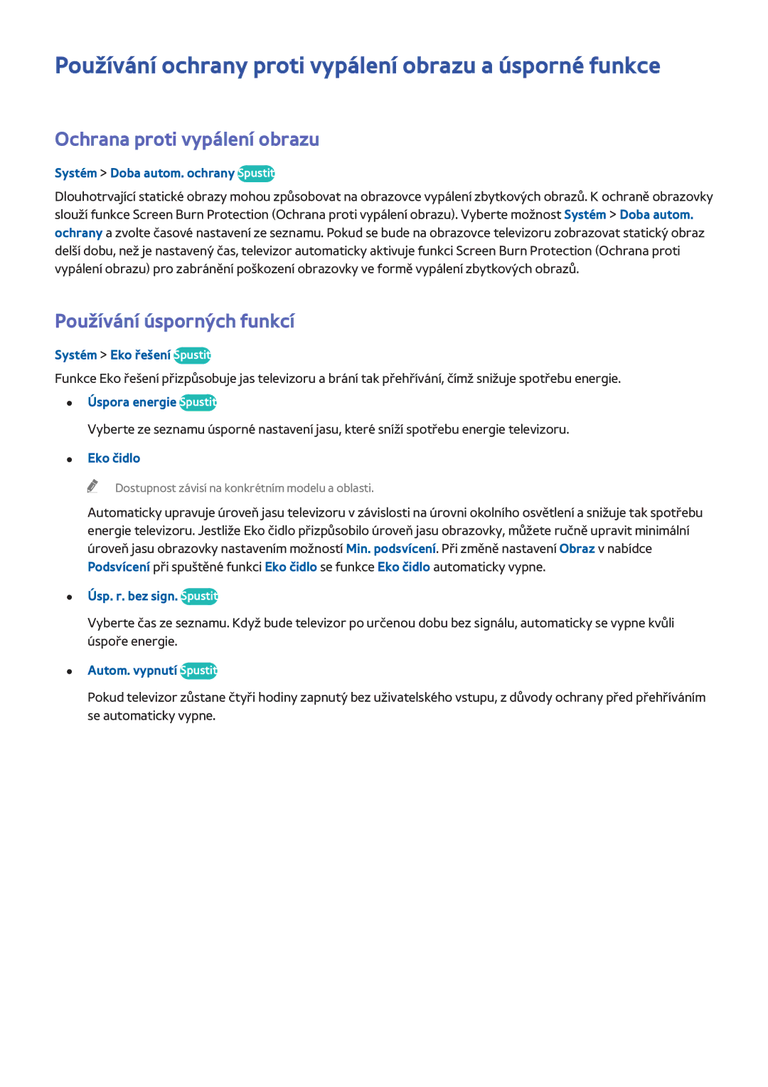 Samsung UE32H6200AWXXC manual Používání ochrany proti vypálení obrazu a úsporné funkce, Ochrana proti vypálení obrazu 