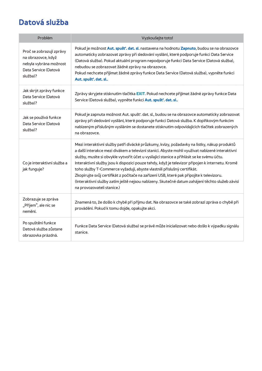 Samsung UE55H6500SLXXC, UE75H6470SSXZG, UE65H6470SSXZG, UE22H5610AWXXH, UE32H6470SSXZG Datová služba, Aut. spušť. dat. sl 