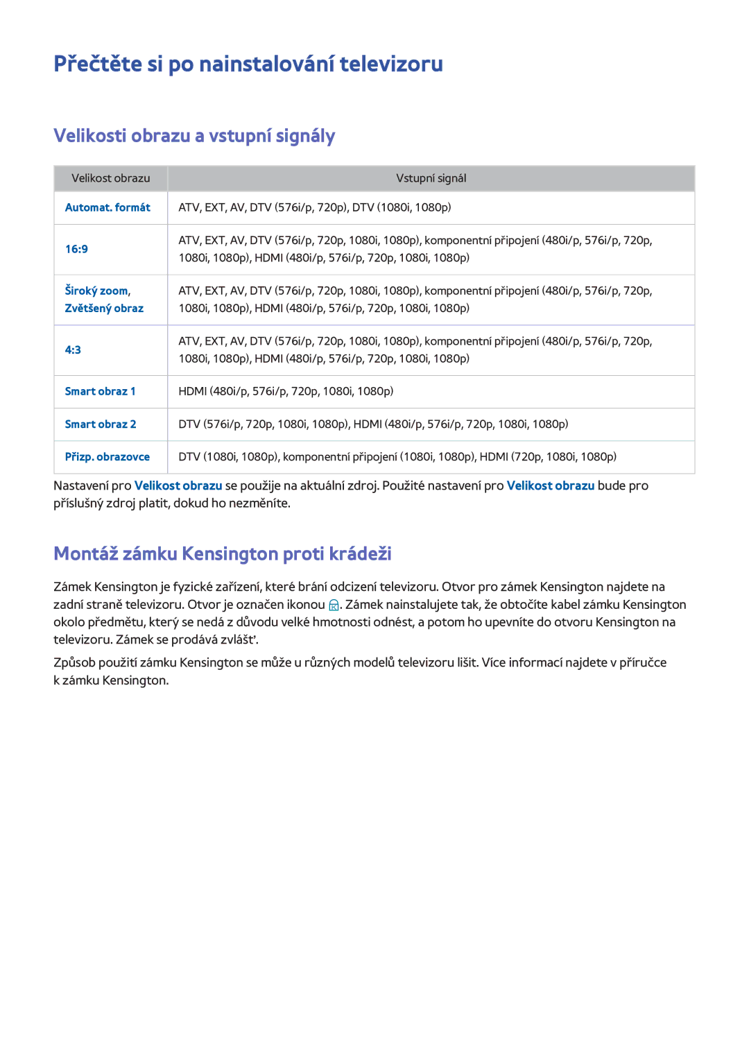 Samsung UE40H6410SSXXH, UE75H6470SSXZG manual Přečtěte si po nainstalování televizoru, Velikosti obrazu a vstupní signály 