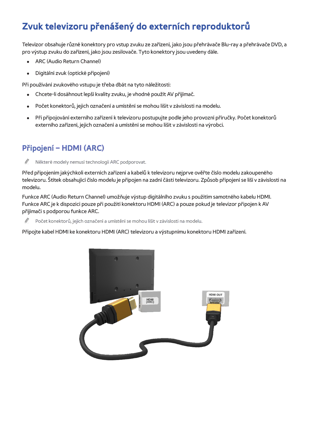 Samsung UE40H6650SLXXH, UE75H6470SSXZG manual Zvuk televizoru přenášený do externích reproduktorů, Připojení Hdmi ARC 