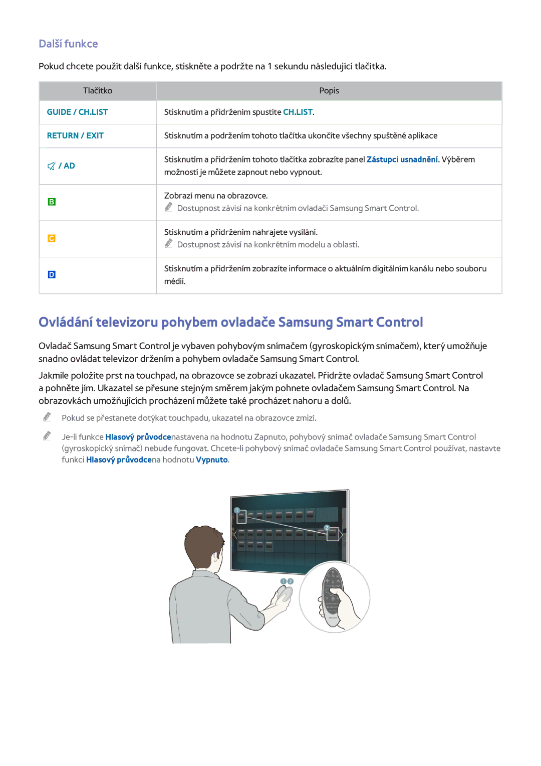 Samsung UE40H6270SSXXH, UE75H6470SSXZG manual Ovládání televizoru pohybem ovladače Samsung Smart Control, Další funkce 