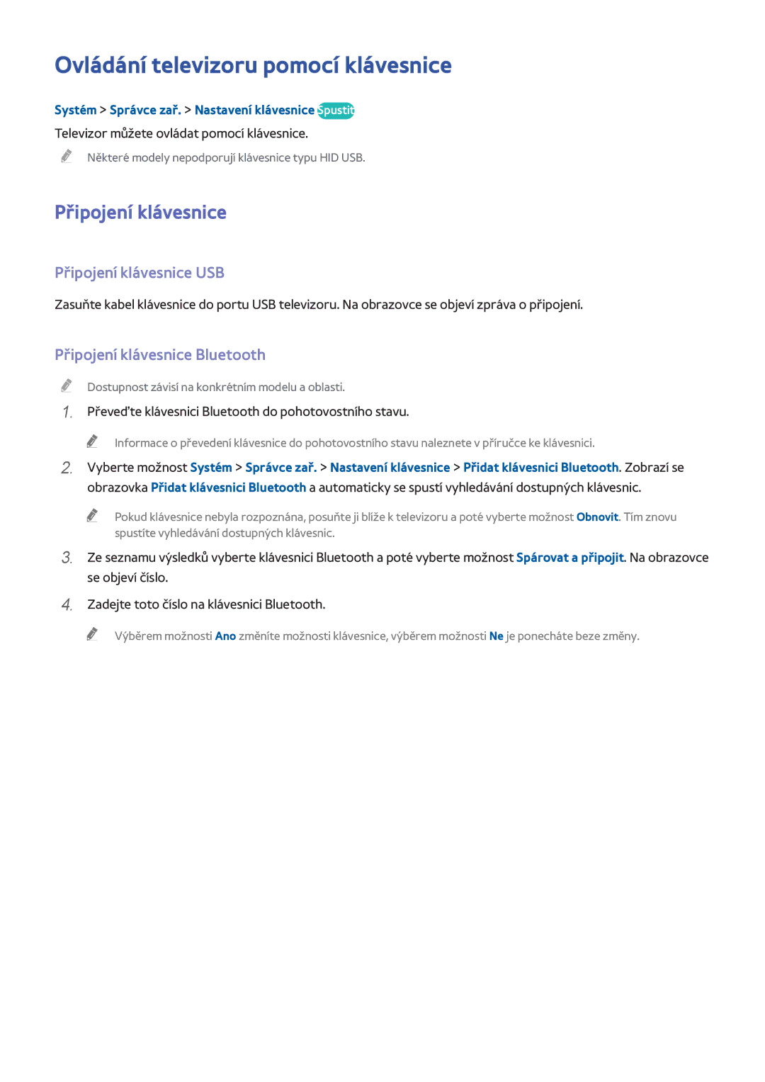 Samsung UE46H7000SLXXH Ovládání televizoru pomocí klávesnice, Připojení klávesnice USB, Připojení klávesnice Bluetooth 