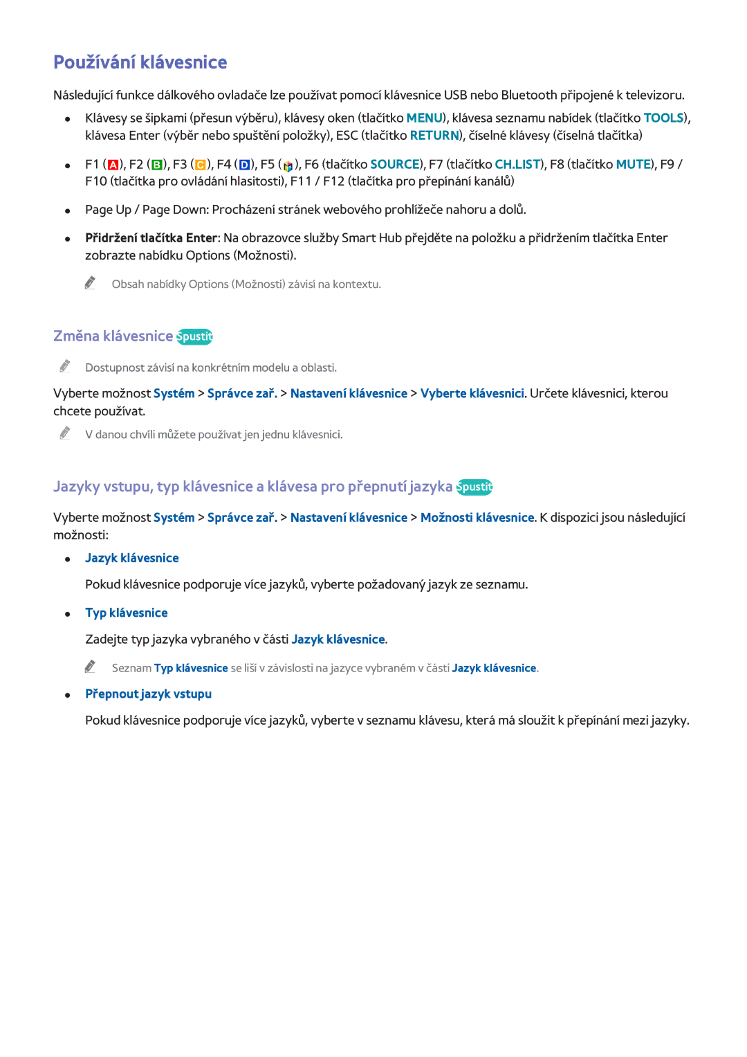 Samsung UE48H6410SSXXH manual Používání klávesnice, Změna klávesnice Spustit, Typ klávesnice, Přepnout jazyk vstupu 