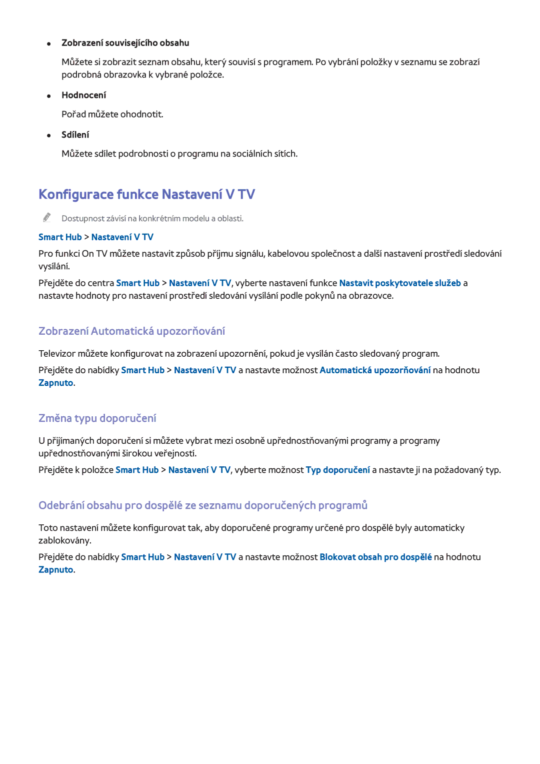 Samsung UE55H7000SLXZF manual Konfigurace funkce Nastavení V TV, Zobrazení Automatická upozorňování, Změna typu doporučení 