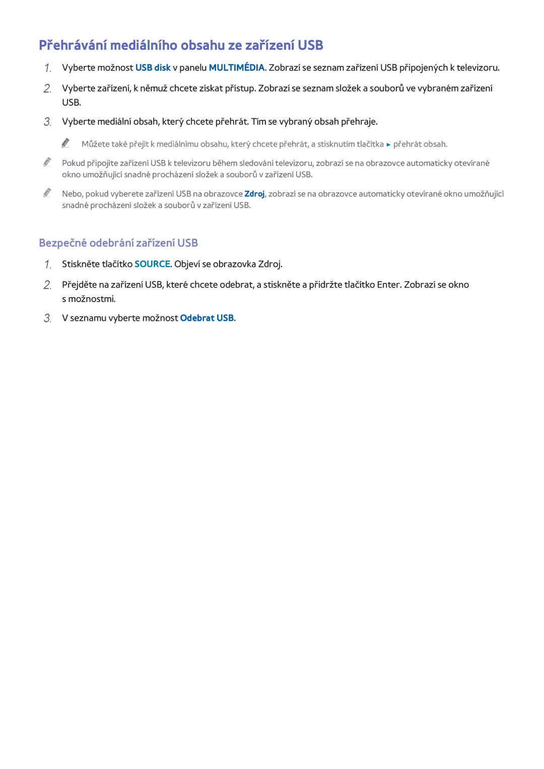 Samsung UE55H6640SLXZF, UE75H6470SSXZG manual Přehrávání mediálního obsahu ze zařízení USB, Bezpečné odebrání zařízení USB 