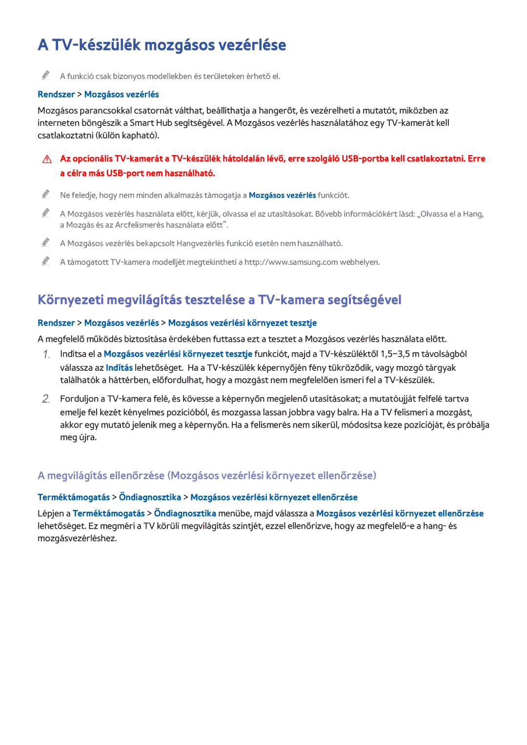 Samsung UE48H6640SZXZT manual TV-készülék mozgásos vezérlése, Környezeti megvilágítás tesztelése a TV-kamera segítségével 